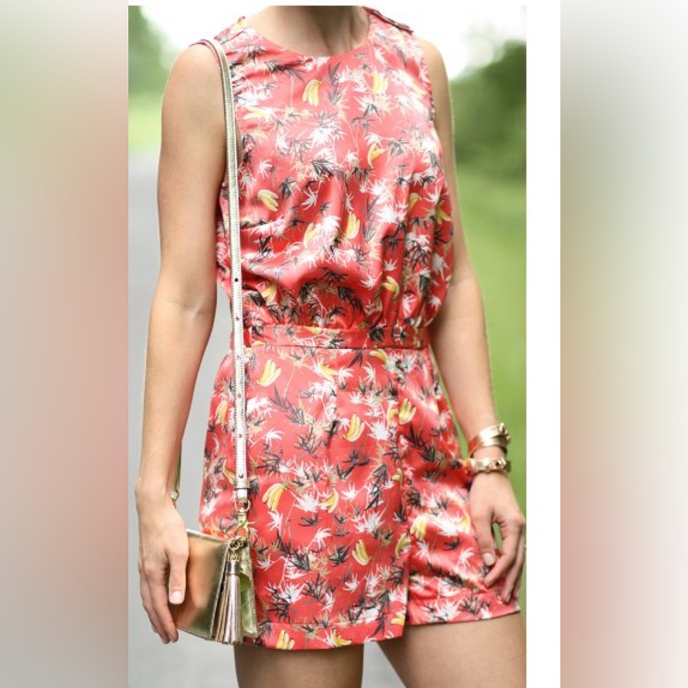 Peter Som For Design Nation Tropical Banana Print Satin Coral Romper Size 14 - Picture 3 of 9